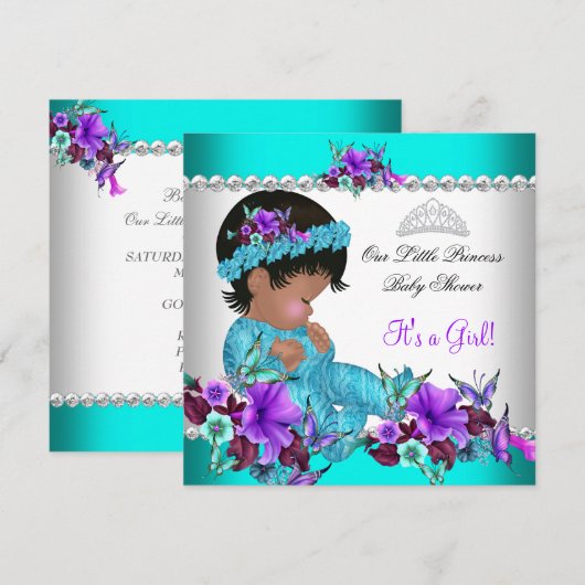 Invitation Princesse Baby shower fille Turquoise bleu pourpre (Devant / Derrière)