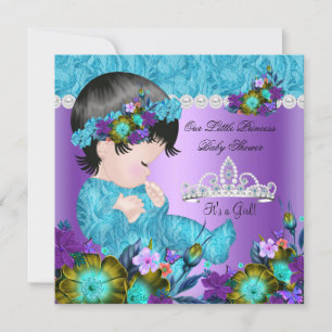Invitation Princesse Baby shower Fille Turquoise Bleu pourpre