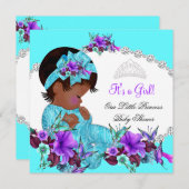Invitation Princesse Baby shower fille Turquoise bleu pourpre (Devant / Derrière)