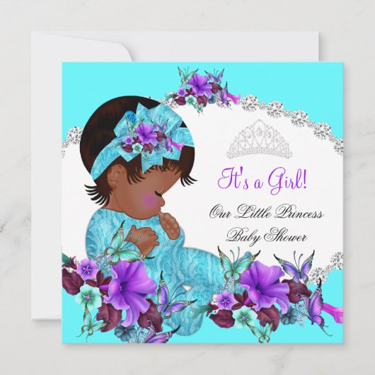 Invitation Princesse Baby shower fille Turquoise bleu pourpre (Devant)