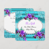 Invitation Princesse Baby shower Fille Turquoise Bleu pourpre (Devant / Derrière)