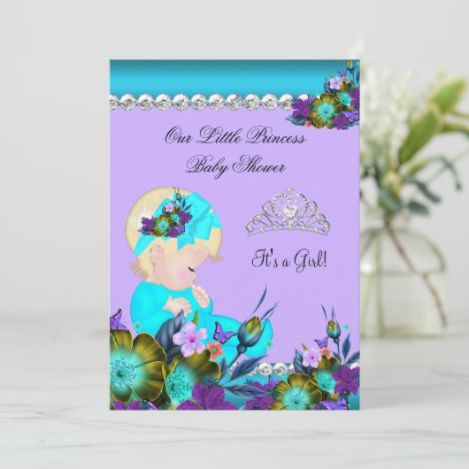 Invitation Princesse Baby shower fille Turquoise bleu pourpre (Debout devant)