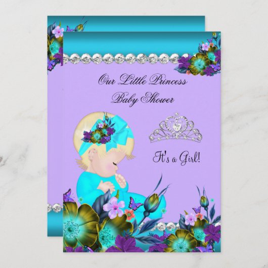 Invitation Princesse Baby shower fille Turquoise bleu pourpre (Devant / Derrière)
