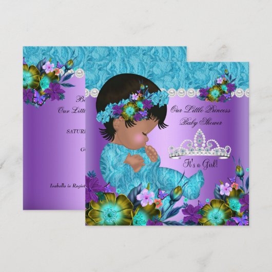 Invitation Princesse Baby shower Fille Turquoise Bleu pourpre (Devant / Derrière)