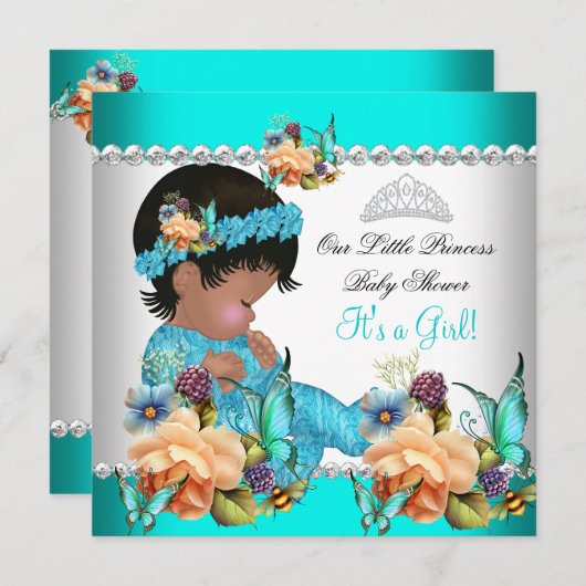 Invitation Princesse Baby shower Fille Turquoise Fleurs Bleue (Devant / Derrière)