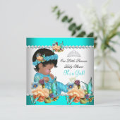 Invitation Princesse Baby shower Fille Turquoise Fleurs Bleue (Debout devant)