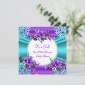 Invitation Princesse Baby shower Fille Turquoise violet Flora (Debout devant)
