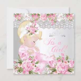 Invitation Princesse Baby Shower Fille Vintage Rose Perle B