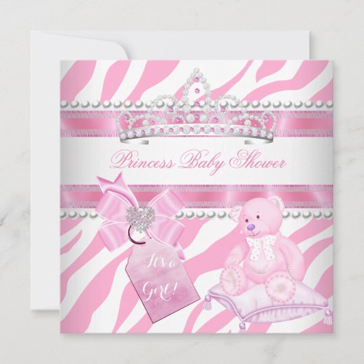 Invitation Princesse Baby shower fille Zèbre rose Ours blanc (Devant)
