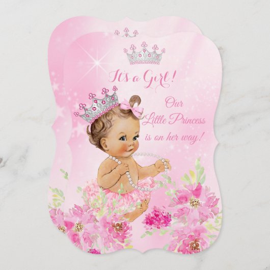Invitation Princesse Baby shower Fleur rose Tutu Brunette (Devant / Derrière)