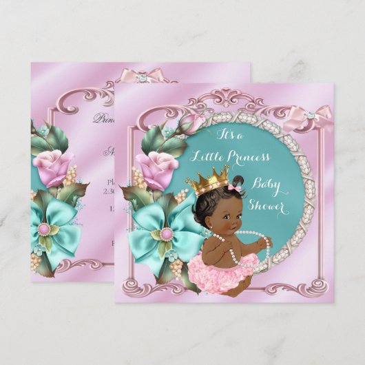 Invitation Princesse Baby shower Floral Turquoise rose ethniq (Devant / Derrière)