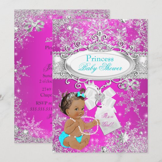 Invitation Princesse Baby shower Hot rose Aqua Brunette (Devant / Derrière)