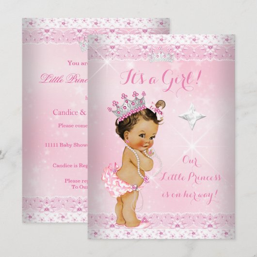 Invitation Princesse Baby shower Lace Rose Tiara Brunette (Devant / Derrière)