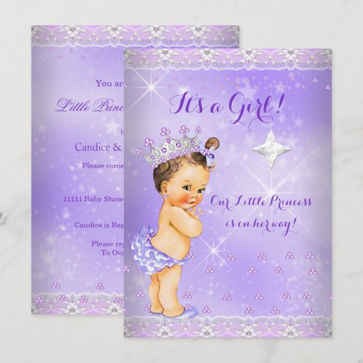 Invitation Princesse Baby shower Lilac Lavender Tiara Brunett (Devant / Derrière)
