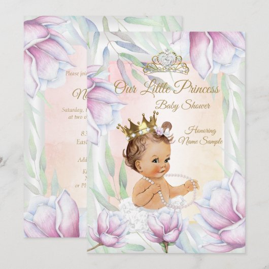 Invitation Princesse Baby shower Lilac Rose Brunette Florale (Devant / Derrière)
