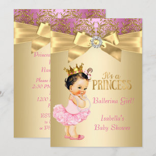 Invitation Princesse Baby shower Pink Gold Ballerina Brunette