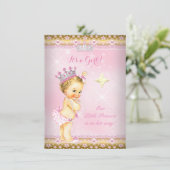 Invitation Princesse Baby shower Pink Gold Lace Tiara Blonde (Debout devant)