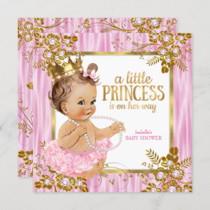 Invitation Princesse Baby shower Pink Silk Brunette Florale