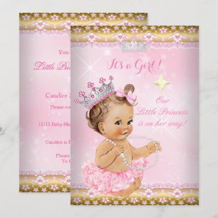 Invitation Princesse Baby shower Pink Tutu Gold Tiara Brunett