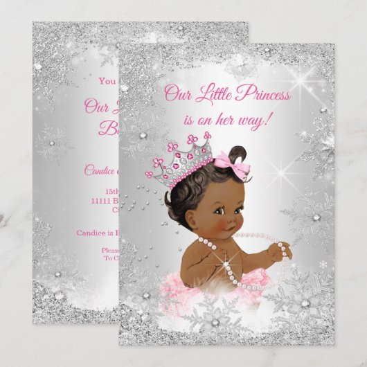 Invitation Princesse Baby shower Rose Argent Hiver Ethnique (Devant / Derrière)