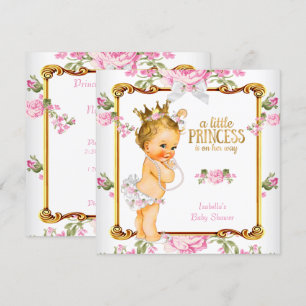 Invitation Princesse Baby shower Rose Blanc Floral Blonde Gir
