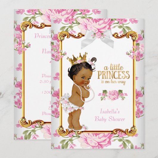 Invitation Princesse Baby shower Rose Blanc Floral Ethnic 2 (Devant / Derrière)