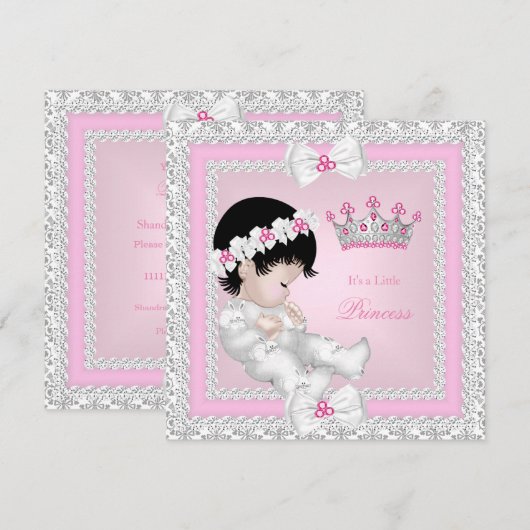 Invitation Princesse Baby shower Rose Blanc Gris Damas B (Devant / Derrière)