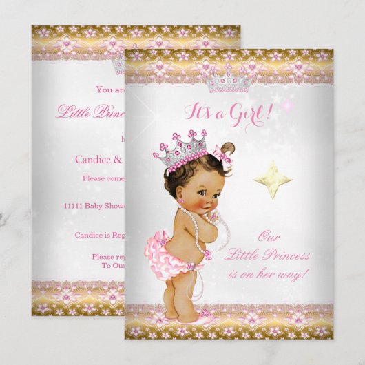 Invitation Princesse Baby shower Rose Blanc Or Tiara Brunett (Devant / Derrière)