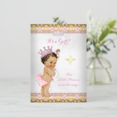 Invitation Princesse Baby shower Rose Blanc Or Tiara Brunett (Debout devant)
