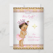 Invitation Princesse Baby shower Rose Blanc Or Tiara Brunett (Devant)