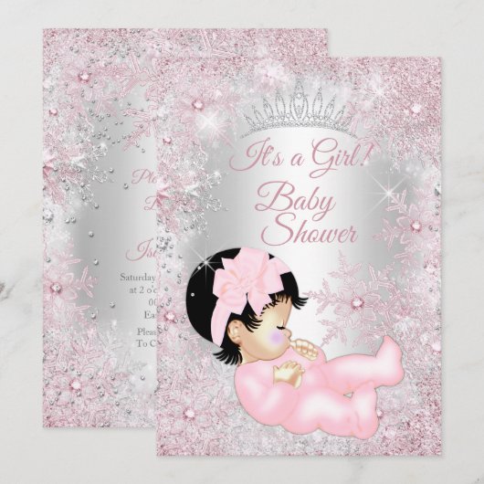 Invitation Princesse Baby shower rose hiver Wonderland (Devant / Derrière)