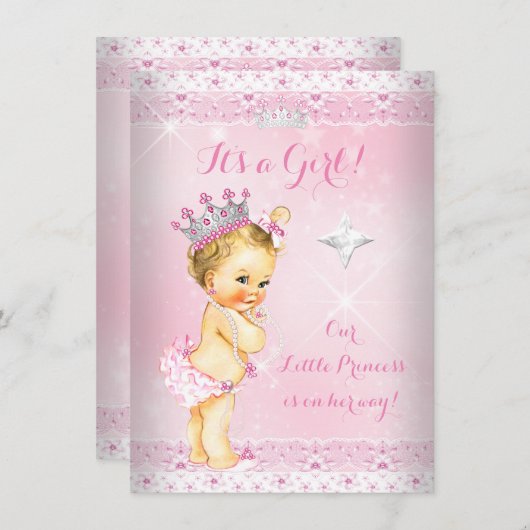 Invitation Princesse Baby shower Rose Lace Tiara Blonde (Devant / Derrière)
