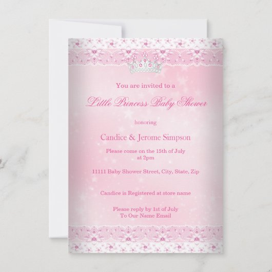 Invitation Princesse Baby shower Rose Lace Tiara Blonde (Dos)