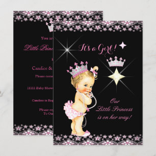Invitation Princesse Baby shower rose noir Tiara Blonde Baby