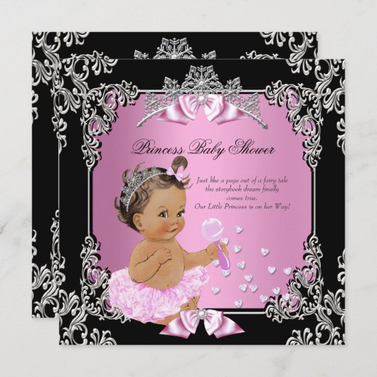 Invitation Princesse Baby shower Rose Noir Tutu Brunette (Devant / Derrière)