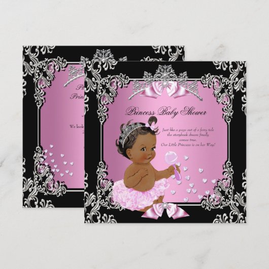 Invitation Princesse Baby shower Rose Noir Tutu Ethnique (Devant / Derrière)