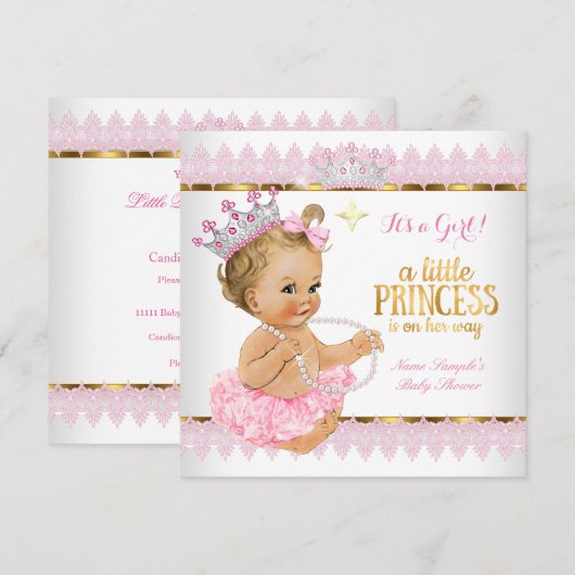 Invitation Princesse Baby shower rose or Blonde fille (Devant / Derrière)