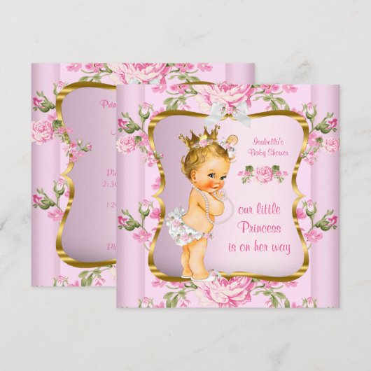 Invitation Princesse Baby shower Rose or Floral Blonde (Devant / Derrière)