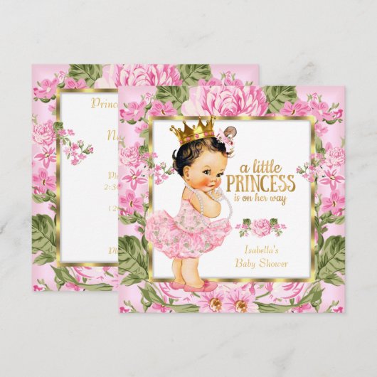 Invitation Princesse Baby shower rose or Rose Floral (Devant / Derrière)
