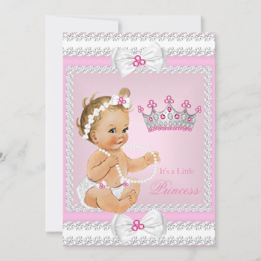 Invitation Princesse Baby shower rose perles blanches Bows Bl (Devant)