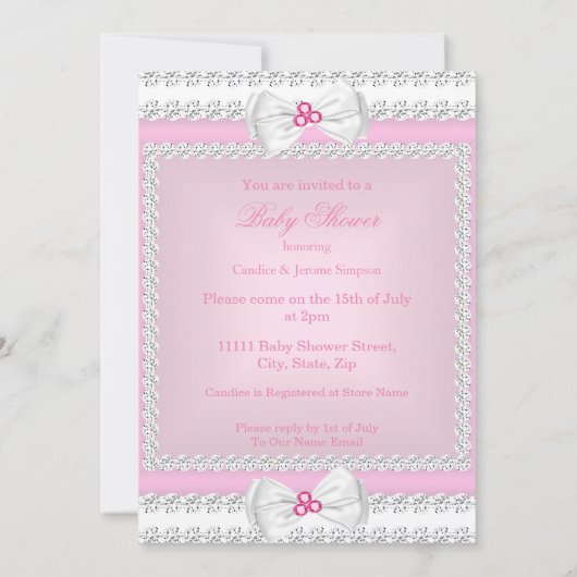 Invitation Princesse Baby shower rose perles blanches Bows Bl (Dos)