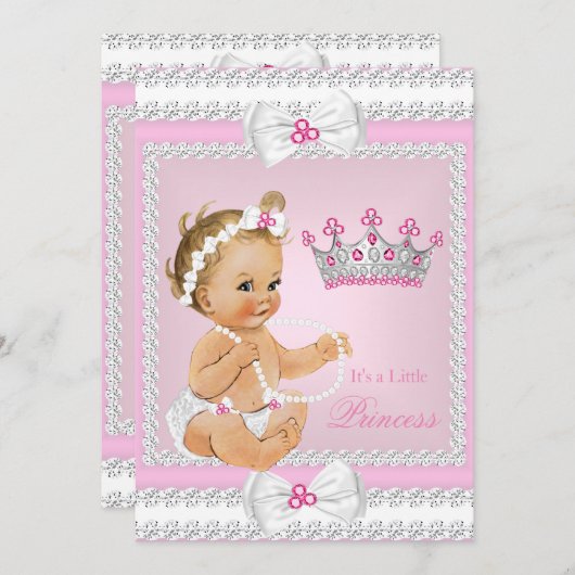 Invitation Princesse Baby shower rose perles blanches Bows Bl (Devant / Derrière)