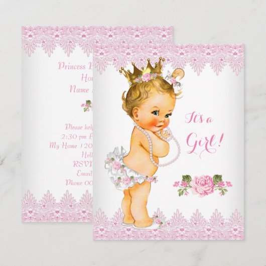 Invitation Princesse Baby shower Rose Rose dentelle Blanc Blo (Devant / Derrière)