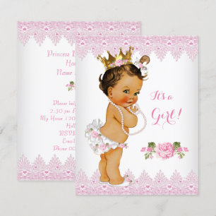 Invitation Princesse Baby Shower Rose Rose Lace Blanche Brune