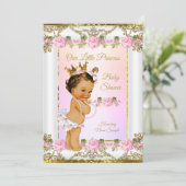 Invitation Princesse Baby shower Rose Rose Or Blanc Brunette (Debout devant)