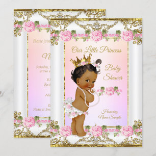 Invitation Princesse Baby shower Rose Rose Or Blanc Ethnique