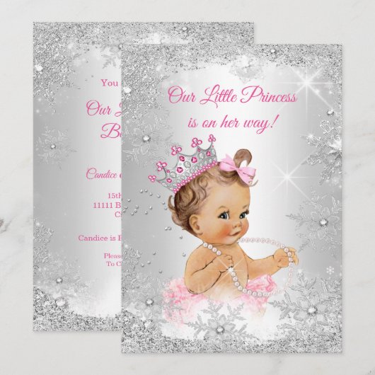 Invitation Princesse Baby shower rose Silver Winter merveille (Devant / Derrière)