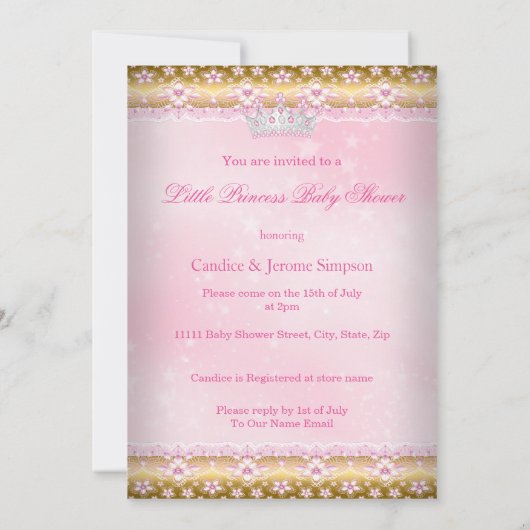 Invitation Princesse Baby shower rose Tutu Gold Tiara Blonde (Dos)