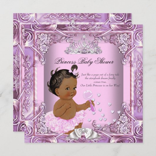 Invitation Princesse Baby shower rose violet Tutu Ethnique (Devant / Derrière)