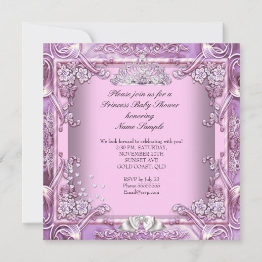 Invitation Princesse Baby shower rose violet Tutu Ethnique (Dos)